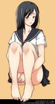  bare_legs barefoot black_hair blue_eyes face feet hakase_tatsurou hands lips long_hair original pleated_skirt school_uniform serafuku skirt solo toes 