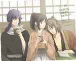  2boys :3 asa_no_ha_(pattern) bad_id bad_pixiv_id black_eyes black_hair book boy_sandwich brown_hair chest closed_eyes cup dated hair_over_shoulder hakuouki_shinsengumi_kitan half_updo head_on_shoulder high_ponytail holding holding_cup japanese_clothes leaning_on_person leaning_to_the_side left-handed long_hair long_sleeves looking_at_another looking_to_the_side minato_(robin) multiple_boys okita_souji_(hakuouki) open_clothes photo_(object) ponytail saitou_hajime_(hakuouki) sandwiched sash scarf sitting sleeping sleeping_upright sliding_doors white_scarf wide_sleeves yukimura_chizuru yunomi 