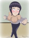  areolae bangs barefoot blunt_bangs blush breasts closed_mouth fishnet_top foreshortening furrowed_eyebrows hands_up hood hood_down hooded_jacket hyuuga_hinata indoors jacket jacket_pull knees_together_feet_apart large_breasts lavender_eyes long_hair long_sleeves looking_at_viewer naruto naruto_(series) naruto_shippuuden ninja no_bra open_clothes open_jacket pants perspective pervyjimmy pigeon-toed purple_hair purple_jacket purple_pants see-through shiny shiny_hair signature solo standing undressing wavy_mouth 