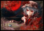  bat bat_wings blue_hair border candle castle colored_eyelashes cup elbow_gloves eyelashes faux_traditional_media fingerless_gloves flower full_moon gloves hat highres koumajou_densetsu moon nail_polish night red_eyes red_flower red_moon red_rose remilia_scarlet rose short_hair solo table teacup touhou wings zhaoli_jin 