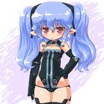  bad_id bad_pixiv_id black_legwear black_panties blue_hair blush breasts busou_shinki cleavage dd_(ijigendd) doll_joints elbow_gloves flat_chest gloves hand_on_hip leotard long_hair panties pointy_ears red_eyes small_breasts solo standing thighhighs twintails underwear valona 