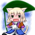  animal_ears blonde_hair cat_ears cat_tail chibi extra_ears fang green_eyes hoshizuki_(seigetsu) kemonomimi_mode leaf mizuhashi_parsee puru-see scarf solo tail touhou trembling 