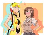  bad_id bad_pixiv_id blonde_hair blue_eyes blush brown_eyes brown_hair crossover hands_on_hips headphones highres kamitsure_(pokemon) misaka_mikoto multiple_girls pokemon pokemon_(game) pokemon_bw power_connection school_uniform to_aru_kagaku_no_railgun to_aru_majutsu_no_index uniform yamaguchi_yoshimi 