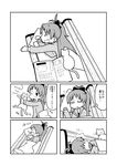  4koma bench bow cat comic greyscale hair_bow hizaki_ryuuta hood hoodie long_hair lying mahou_shoujo_madoka_magica monochrome newspaper on_side one_eye_closed ponytail poverty sakura_kyouko sleeping translated 