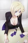  ace blonde_hair blue_eyes breasts card cleavage dog_tags holding holding_card large_breasts light_smile lying_card miyata_sou muvluv muvluv_alternative muvluv_total_eclipse playing_card purple_card short_hair solo stella_bremer 