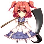  chibi dress hair_bobbles hair_ornament highres onozuka_komachi pink_hair red_eyes scythe short_hair solo standing text_in_eyes touhou translated tro two_side_up 