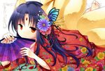  animal_ears aogiri_mikan bad_id bad_pixiv_id barefoot bug butterfly fan flower folding_fan fox_ears fox_tail hair_flower hair_ornament insect japanese_clothes light_smile lying multiple_tails nail_polish on_stomach orange_eyes original petals purple_hair solo tail 