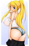  1girl artist_request ass back bare_shoulders blonde_hair blue_eyes blush breasts doradora fullmetal_alchemist huge_breasts legs long_hair looking_back nipples no_bra open_mouth panties ponytail see-through see_through sideboob simple_background skirt solo standing thighs underwear undressing winry_rockbell 