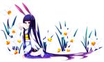  absurdly_long_hair absurdres akino_sora animal_ears bad_id bad_pixiv_id black_hair bunny_ears daffodil fan flower folding_fan highres japanese_clothes kimono long_hair original red_eyes solo very_long_hair 