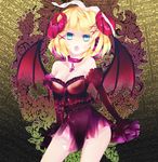  aqua_eyes bad_id bad_pixiv_id blonde_hair breasts cleavage demon_wings detached_sleeves hair_ornament hair_ribbon hairclip horns kagamine_rin kaisaki medium_breasts open_mouth ribbon short_hair smile solo vocaloid wings 