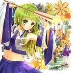  armpits blonde_hair blush frog gohei green_eyes green_hair hair_ornament hat highres kochiya_sanae long_hair moriya_suwako multiple_girls navel okemai pantyhose purple_eyes smile snake touhou white_legwear 