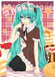  aqua_eyes aqua_hair bad_id bad_pixiv_id cake checkered doughnut dress finger_licking food hatsune_miku highres licking long_hair nail_polish nuko_(mikupantu) pancake sitting solo thighhighs twintails very_long_hair vocaloid 