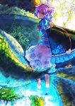  absurdres barefoot blue_eyes colorful glowing gradient_hair highres komeiji_satori mixed_media multicolored_hair pink_hair purple_hair short_hair solo sonjow4 stained_glass touhou wading water wavy_hair wide_sleeves 