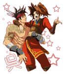  :d ahoge bandages black_hair brown_hair fingerless_gloves gan_ning gloves happy headband jewelry ling_tong multiple_boys muscle necklace open_mouth pants pointing ponytail sangoku_musou shirtless smile spiked_hair star tattoo yoshika51 
