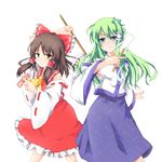  ascot bad_id bad_pixiv_id blue_eyes blush bow brown_hair frog gohei green_hair hair_bow hair_ornament hakurei_reimu huinri kochiya_sanae long_hair multiple_girls snake talisman touhou 