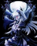  black_dress black_flower black_rose black_wings dress expressionless flower full_moon highres long_hair moon mtyy night night_sky profile purple_flower purple_rose red_eyes rose rozen_maiden silver_hair sky solo suigintou wings 