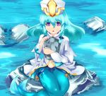  aqua_hair braid hair_between_eyes hair_ribbon hat holding long_hair looking_at_viewer mermaid monster_girl monster_girl_encyclopedia open_mouth purple_eyes ribbon robe rock scales sea_bishop sitting sitting_on_rock solo stone_tablet twin_braids water 