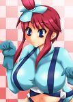  artist_request blue_eyes blush breasts cleavage female fuuro_(pokemon) gradient gradient_background gym_leader highres huge_breasts long_hair midriff pokemon red_hair solo 
