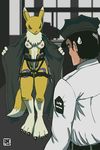  breasts canine chest_tuft claws digimon female fluf fox gun human markings matrix pussy renamon standing tail the_matrix undressing weapon yellow 