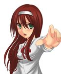  artist_request face foreshortening green_eyes hairband hands highres long_hair melty_blood outstretched_hand red_hair ribbon simple_background solo toono_akiha tsukihime vermillion_akiha white_hairband 