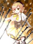  bad_id bad_pixiv_id beret blonde_hair blush boots breasts brown_legwear checkered checkered_background detached_sleeves drill_hair feathers fingerless_gloves fire gate_of_babylon gloves gun hair_ornament hairpin hat highres large_breasts magical_girl magical_musket mahou_shoujo_madoka_magica nonomichi open_mouth outstretched_arm outstretched_hand pleated_skirt puffy_sleeves ribbon rifle skirt smile solo striped striped_legwear teeth thighhighs tomoe_mami twin_drills twintails vertical-striped_legwear vertical_stripes weapon yellow_eyes zettai_ryouiki 
