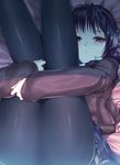  black_hair blush brown_eyes headphones highres kasai_shin leg_hug legs original pantyhose skirt solo thighs 