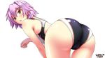  artist_name ass back black_swimsuit cameltoe commentary_request competition_swimsuit cowboy_shot dated eyebrows_visible_through_hair flat_chest hair_between_eyes hair_ornament highres kantai_collection looking_at_viewer looking_back one-piece_swimsuit open_mouth paw_pose purple_hair red_eyes short_hair simple_background solo standing swimsuit tama_(kantai_collection) tsuchimiya white_background 