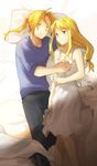  bare_shoulders bed bed_sheet blonde_hair blue_eyes breast_grab breasts breasts_grab couple dress earring earrings edward_elric fullmetal_alchemist jewelry long_hair lying pillow ring smile winry_rockbell yellow_eyes 