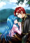  aqua_hair arm_support blue_eyes blue_hair cloud clouds couple dress eirika eye_contact fire_emblem fire_emblem:_seima_no_kouseki fire_emblem_sacred_stones girl_on_top grass hands_clasped hands_together happy knight lake landscape lips long_hair looking_at_another mountain princess red_eyes red_hair seth short_hair sitting sky smile tree water 
