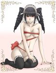  amayasan bad_id bad_pixiv_id black_hair black_legwear blush bonnet breasts celestia_ludenberck danganronpa danganronpa_1 drill_hair medium_breasts nail_polish naked_ribbon navel pale_skin pubic_hair red_eyes ribbon solo sweatdrop thighhighs twin_drills twintails 