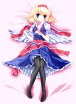  a_c_for_p alice_margatroid bad_id bad_pixiv_id black_legwear blonde_hair blue_eyes capelet feet hair_ornament hairband lying on_back pantyhose short_hair solo touhou 