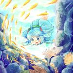  barefoot blue_dress blue_eyes blue_hair coral diving dress fish hair_bobbles hair_ornament hat kawashiro_nitori open_mouth solo touhou two_side_up water yuya_(night_lily) 