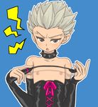  1boy annoyed blush brown_eyes choker crossdress crossdressing gouenji_shuuya inazuma_eleven inazuma_eleven_(series) male male_focus nipples okuretun open_mouth riding_crop simple_background solo trap white_hair 