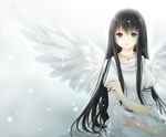  angel angel_wings bangs black_hair blue_eyes grey_background jewelry long_hair looking_at_viewer necklace original robe snowing solo ujou_kazuki very_long_hair wings 