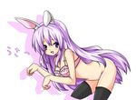  animal_ears bent_over black_legwear black_thighhighs blush bottomless bow bow_bra bra breasts bunny_ears cleavage female footwear frilled_bra frills hatsunatsu highres lingerie long_hair navel no_panties pink_bra purple_eyes purple_hair reisen_udongein_inaba smile socks solo thighhighs touhou underwear white_background 