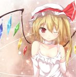  alternate_costume bad_id bad_pixiv_id bare_shoulders blonde_hair choker crystal detached_sleeves dress efe elbow_gloves face flandre_scarlet gloves hat light_smile one_eye_closed red_eyes revision ribbon_choker short_hair side_ponytail smile solo touhou upper_body white_dress wings 
