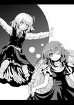  bad_id bad_pixiv_id culter greyscale hair_ribbon monochrome multiple_girls one_eye_closed open_mouth outstretched_arms ribbon rumia sara_(touhou) skirt skirt_tug smile touhou touhou_(pc-98) 
