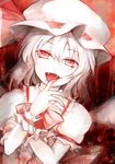  absurdres bad_id bad_pixiv_id blood fangs finger_to_mouth hat highres licking light_smile nazuka_(mikkamisaki) open_mouth red_eyes remilia_scarlet short_hair solo tongue touhou upper_body white_hair wrist_cuffs 