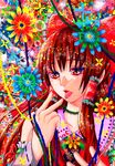  bad_id bad_pixiv_id bow colored_eyelashes colorful eyelashes face finger_to_mouth flower hair_bow hair_tubes hakurei_reimu hand_to_own_mouth multicolored multicolored_eyes open_mouth pucchomokkyuri123 red_hair solo tongue touhou traditional_media 