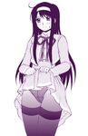  ahoge amanchu! bad_id bad_pixiv_id blush crotch_seam dress dress_lift long_hair monochrome murakami_murako ooki_futaba panties panties_under_pantyhose pantyhose skirt skirt_lift solo thighband_pantyhose underwear 