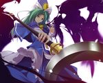  blue_capelet capelet dress energy_wings green_eyes green_hair hat long_hair mima perspective ribbon solo staff sun touhou touhou_(pc-98) weapon wings wizard_hat zb 