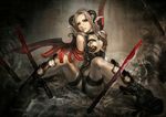  armor black_eyes blonde_hair demon_girl highres horns original sakai_yuuki_(yu_kino) sitting solo spread_legs wings 