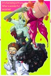  1boy 1girl black_dress blonde_hair blush bow dress elbow_gloves english formal frilled_dress frills gloves green_skin grey_eyes hat one_piece pink_hat short_hair stitches suit tony_tony_chopper victoria_cindry white_suit zombie 