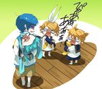  2girls aqua_hair blonde_hair blue_hair blue_scarf carrying detached_sleeves hatsune_miku highres kagamine_len kagamine_rin kaito kunieda_(miniaturegarden) multiple_boys multiple_girls piggyback pointing scarf strangling tears vocaloid younger 