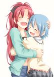  :d blue_hair blush closed_eyes fang hair_ornament hairclip happy hood hoodie hug long_hair mahou_shoujo_madoka_magica miki_sayaka mitakihara_school_uniform multiple_girls navel open_mouth ponytail red_hair ryuunosuke_(luckyneco) sakura_kyouko school_uniform short_hair simple_background smile 