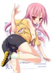  ass bike_shorts blush cameltoe flat_chest hairband hayate_no_gotoku! katsura_hinagiku kisairo_kaede long_hair nipples open_clothes pink_hair shoes sneakers socks solo unzipped yellow_eyes 