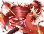  ayuko_(ayuco) bad_id bad_pixiv_id blurry depth_of_field food grin long_hair mahou_shoujo_madoka_magica outstretched_hand pocky polearm ponytail red_eyes red_hair sakura_kyouko smile solo spear thighhighs weapon 