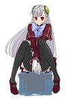  albino black_legwear capcom_fighting_jam full_body gloves hairpods ingrid long_hair mary_janes pantyhose red_eyes shoes simple_background sitting skirt solo tetsu_(kimuchi) white_hair 