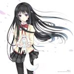  akemi_homura black_hair black_hairband black_legwear floating_hair hairband kazuharu_kina kyubey long_hair mahou_shoujo_madoka_magica mitakihara_school_uniform pantyhose petals purple_eyes school_uniform wind 