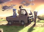  animal_ears blonde_hair blue_hair brown_hair cat_ears cat_tail fuji-k ground_vehicle motor_vehicle multiple_girls original short_hair silver_hair sunset tail truck 